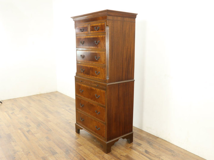 アンティーク　チェスト　引き出し 引出し式の棚も付いてます 美しい杢目 チェストオンチェスト