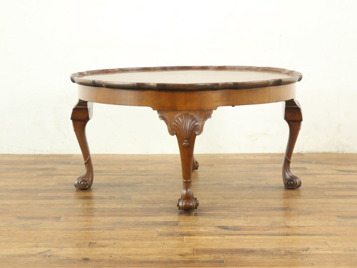 【アンティーク】　コーヒーテーブル　ブラウン　木製 渦巻く足先、花開くような杢目、コーヒーテーブル 58232 アンティーク