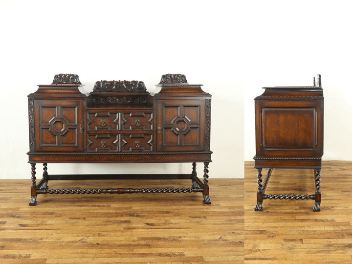 王冠の彫刻、威厳ある佇まい、英国サイドボード 58338 アンティーク