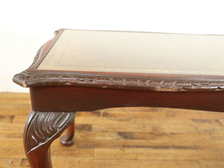 直接引き取り希望　・オールドチーク　ガラストップ　コーヒーテーブル ガラス新調しました レザーも魅力 ガラストップコーヒーテーブル 58628