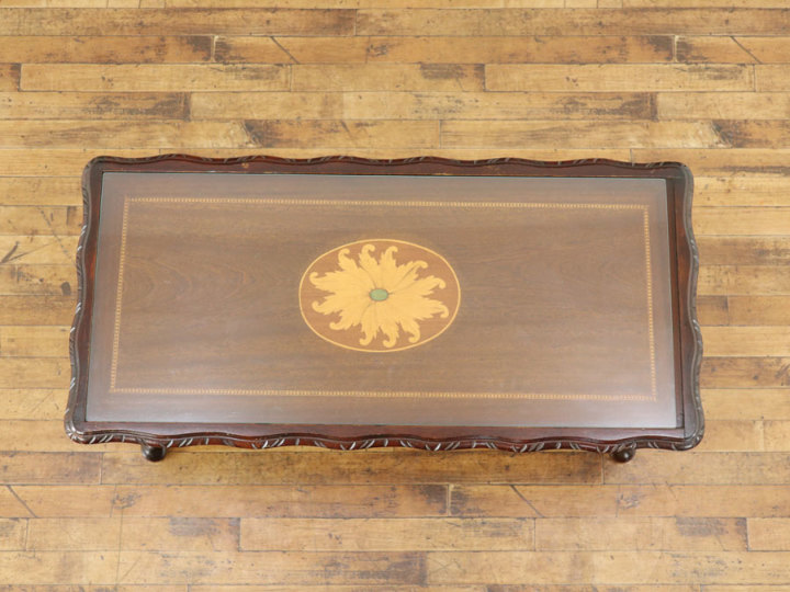 ガラステーブル レトロ インレイも魅力 ガラストップコーヒーテーブル 58629 アンティーク家具