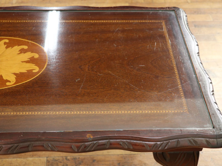 インレイも魅力 ガラストップコーヒーテーブル 58629 アンティーク家具