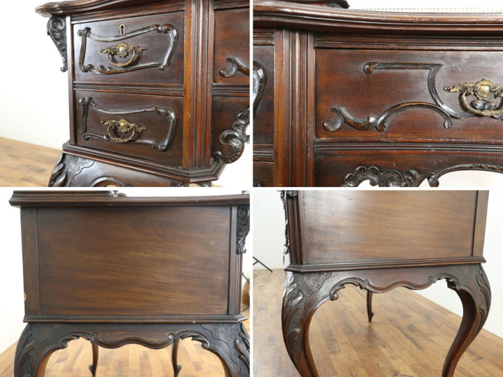 ビクトリアンデスク　ヨーロッパアンティーク家具　　猫脚　彫刻　英国　イギリス ライティングデスク 木製 象嵌 猫脚 机 チェスト イタリア製