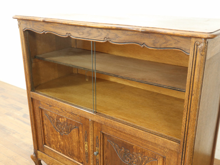 アンティーク風　木製ガラス扉キャビネット 木製キャビネット・ガラス扉・ウォールナット材/幅88×奥行44×高