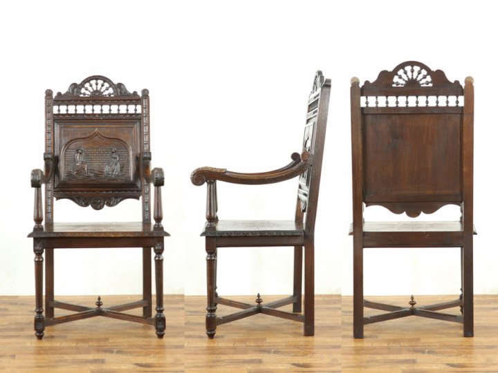 物語性のある彫刻 フランスアンティーク アームチェア 64818a