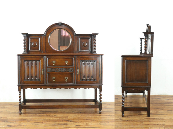 アンティーク家具　ワイン色の家具　フランスミラーベットサイド家具　骨董家具 イギリスアンティーク家具です。 ミラーバックサイドボード 80522